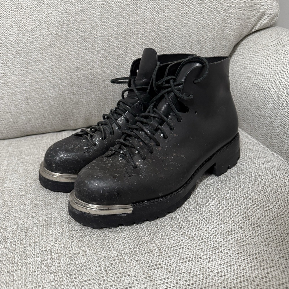 Feit Black Leather Silver Metal Toe Cap Lace-Up Hiker Chunky Vibram Sole Boots